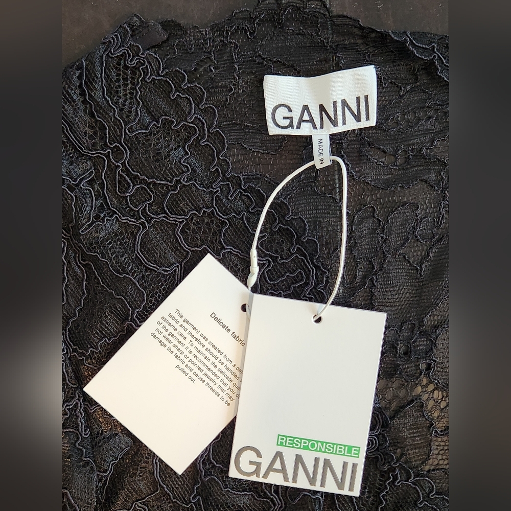 GANNI Light Floral Lace V-neck Sheer Peplum Top Black Blouse Ruffle 36 (US 4 S) - Picture 14 of 16